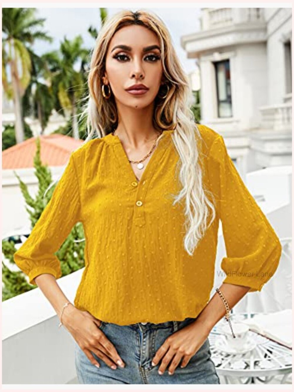 Women's Swiss Dot 3/4 Sleeve Henley V-Neck Blouse Tops - Picture 4 of 7
